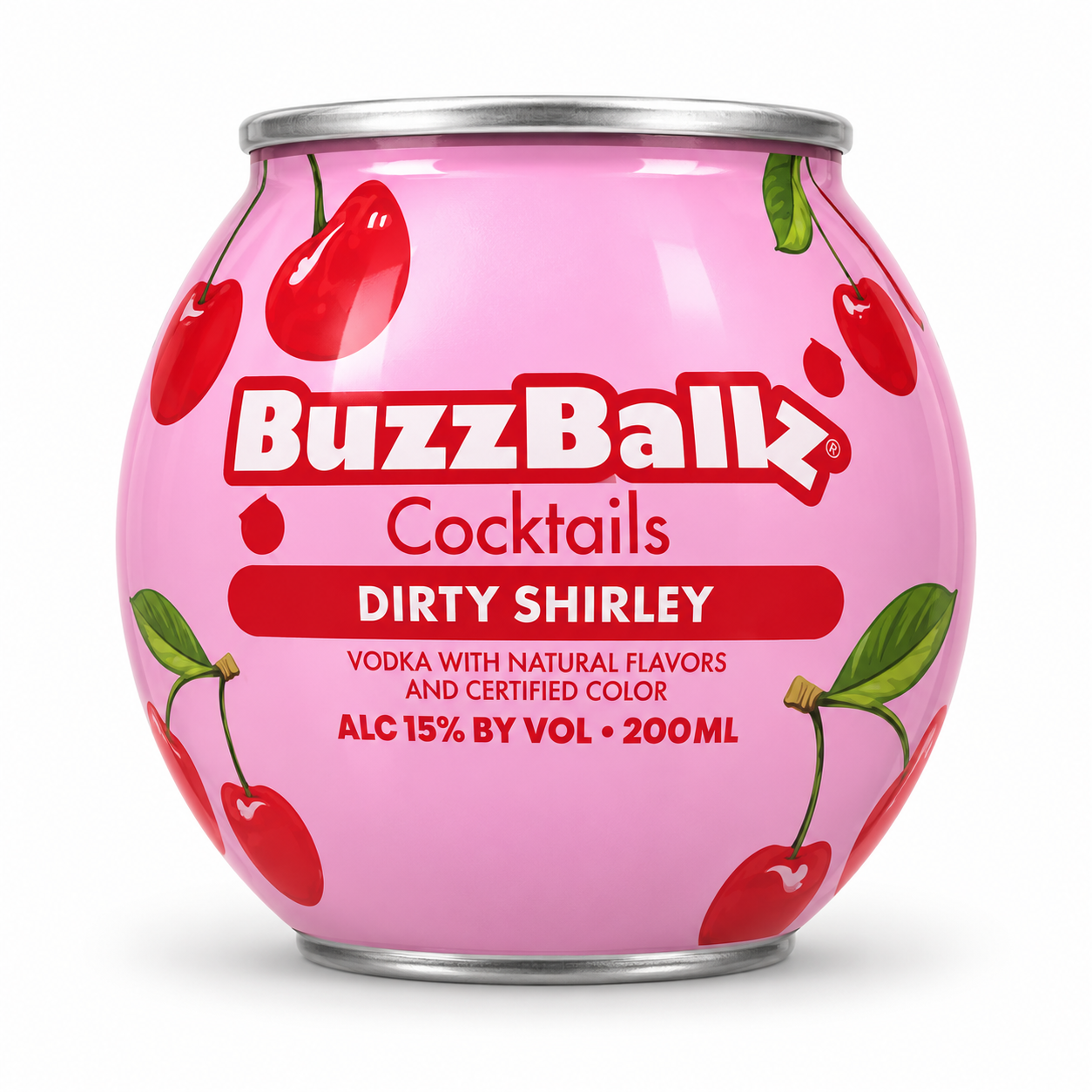 BuzzBallz Cocktails Dirty Shirley 200ml round can with cherry graphics