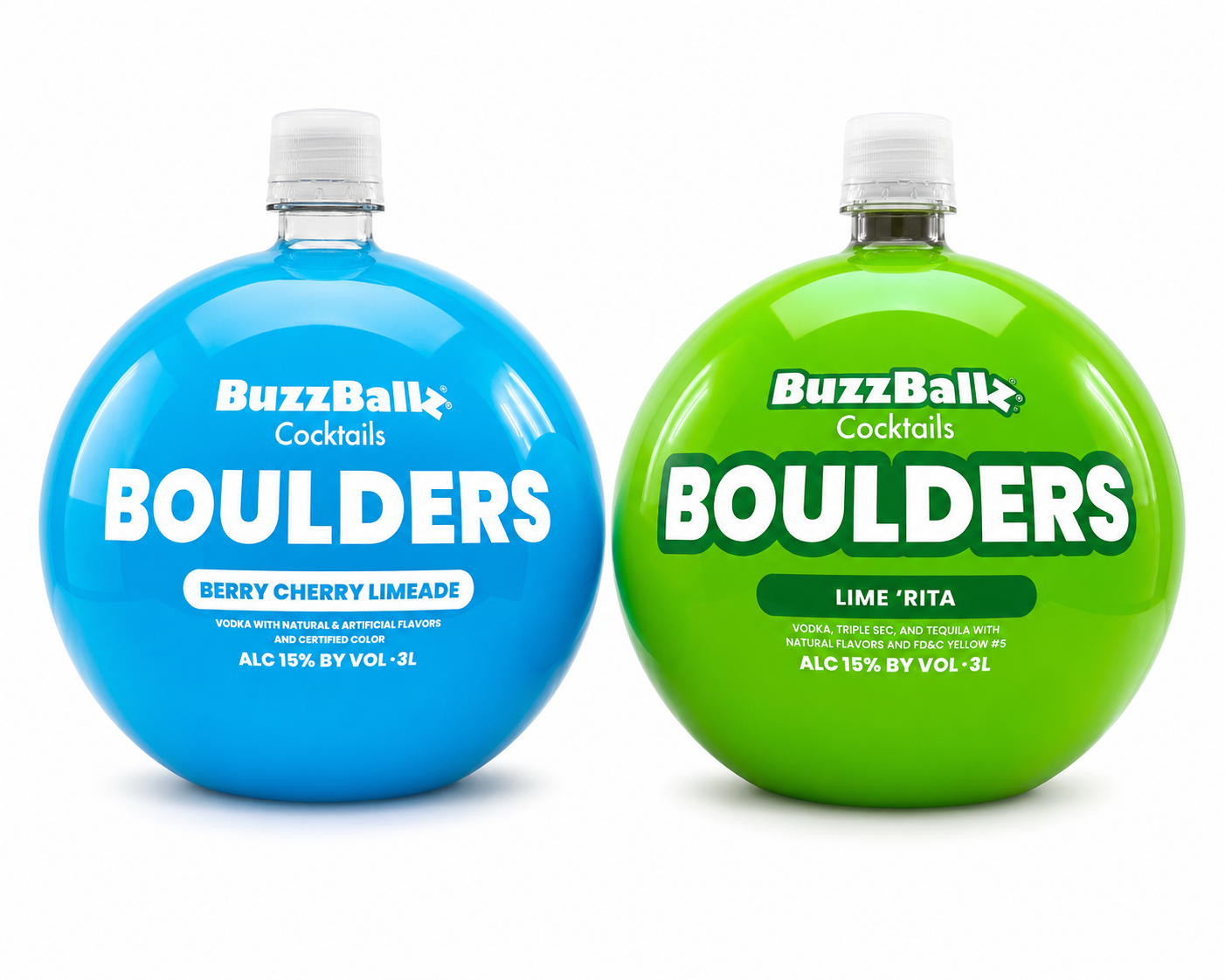BuzzBallz Cocktails Boulders 2-Pack showing Berry Cherry Limeade blue bottle and Lime Rita green bottle side by side