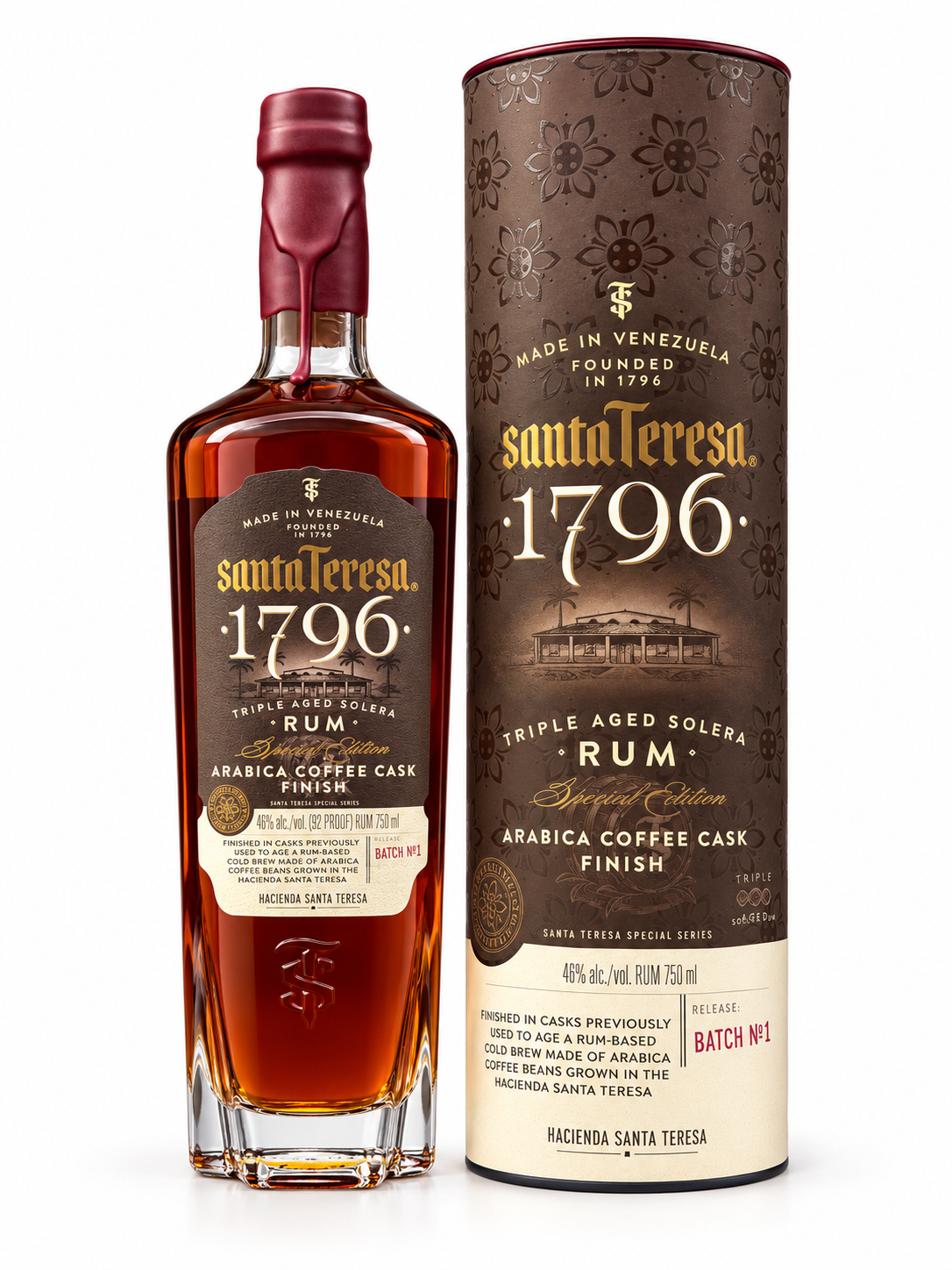 Santa Teresa 1796 Arabica Coffee Cask Finish Batch No. 1 bottle and canister