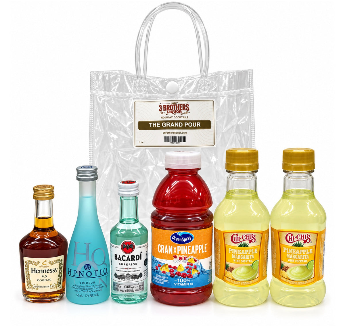 The Grand Pour cocktail bag with ingredients outside the bag