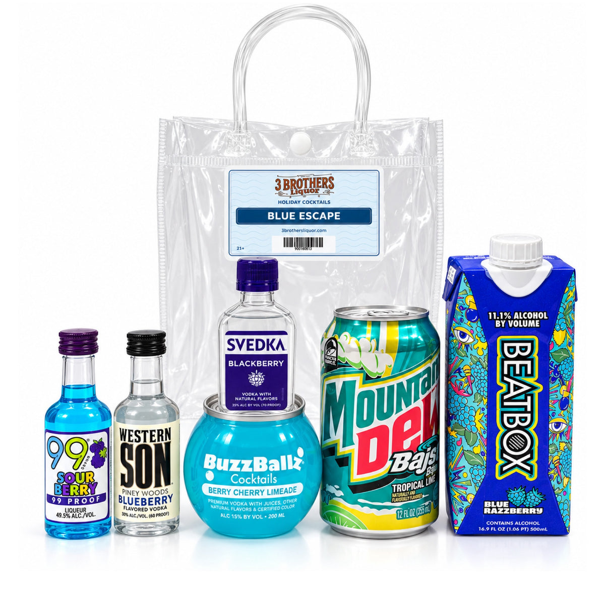 Blue Escape cocktail bag with ingredients outside the bag