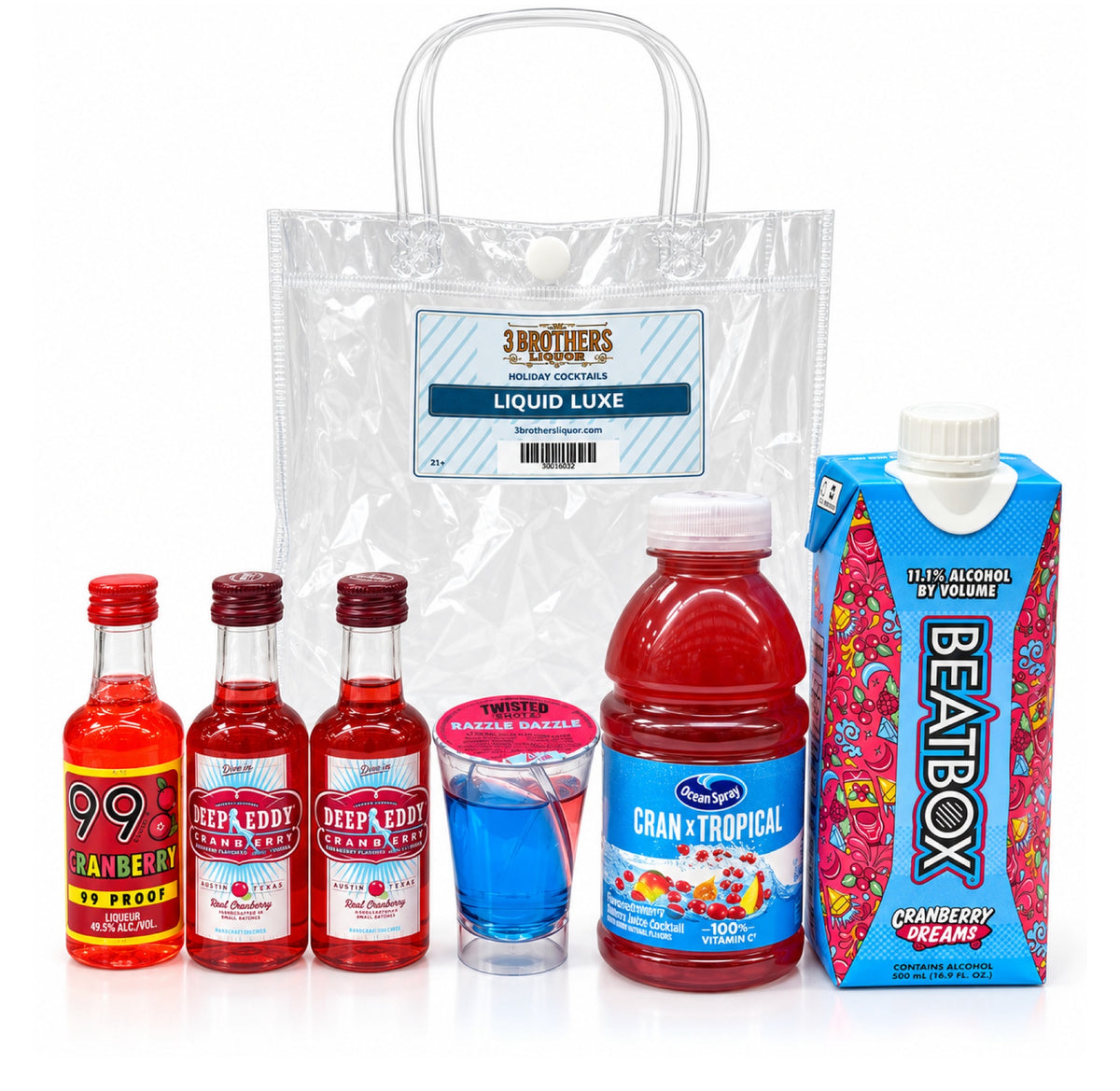Liquid Luxe cocktail bag with ingredients outside the bag