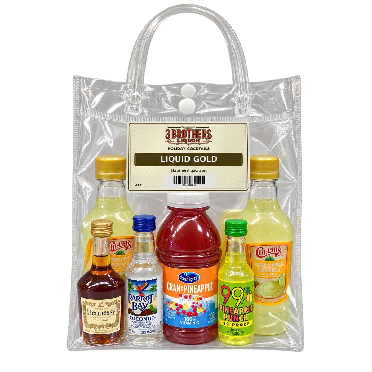 Liquid Gold cocktail bag with ingredients inside the bag