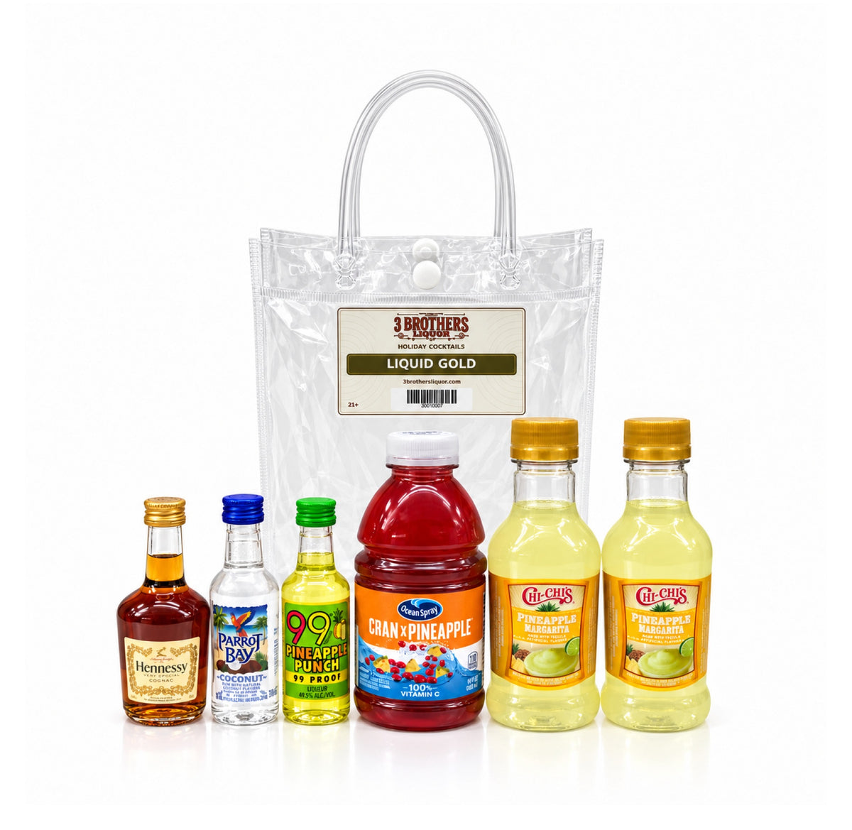 Liquid Gold cocktail bag with ingredients outside the bag