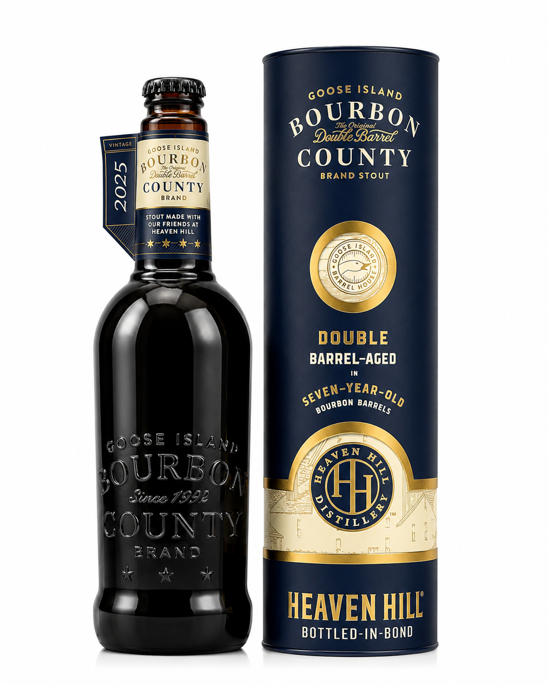 Goose Island Bourbon County Brand Double Barrel Stout 2025 bottle and tin with Heaven Hill Distillery branding