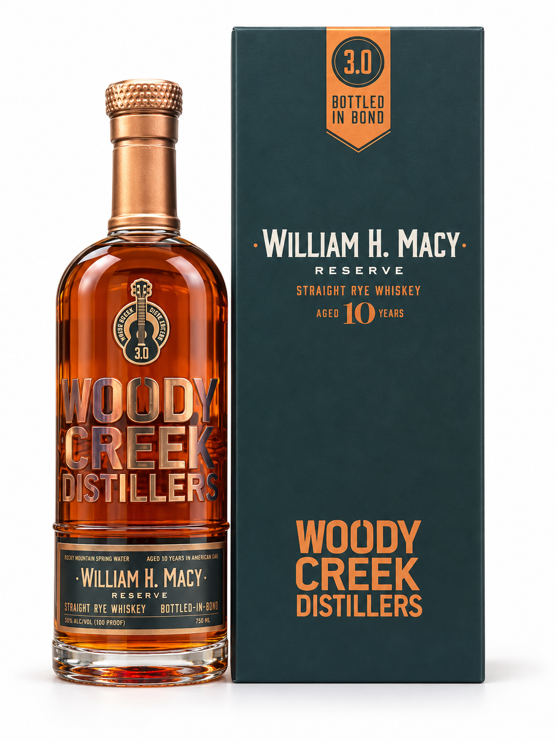 Woody Creek William H. Macy Reserve 3.0 10-year rye whiskey bottle and gift box