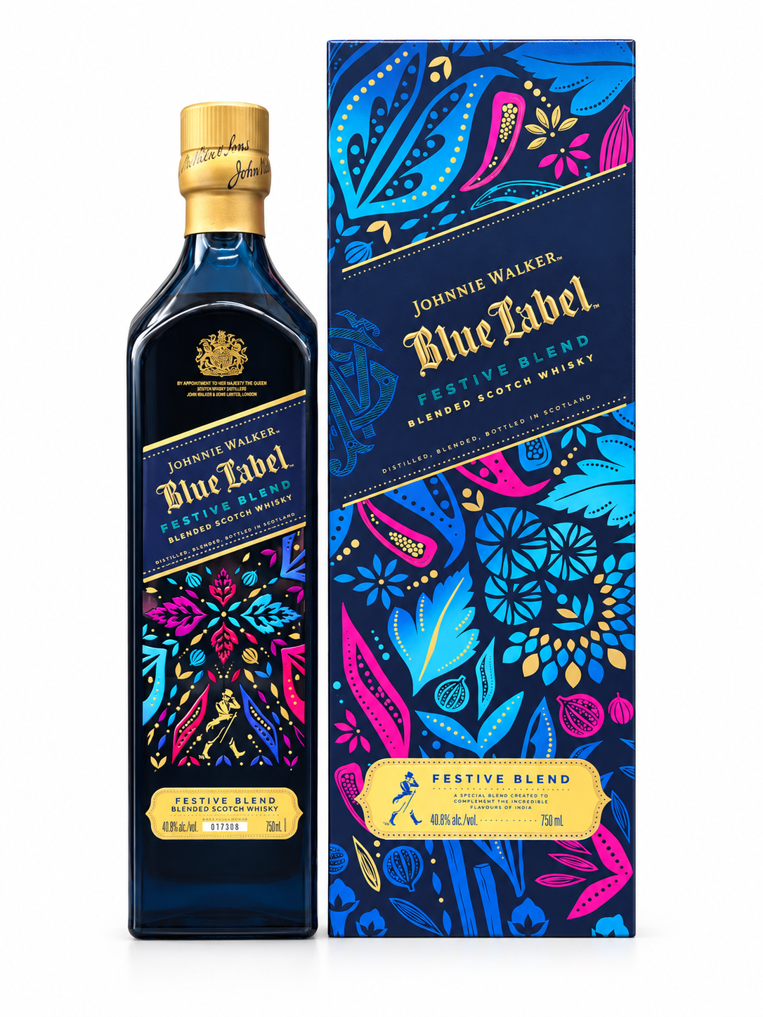 Johnnie Walker Blue Label Festive Blend 750ml patterned bottle and gift box