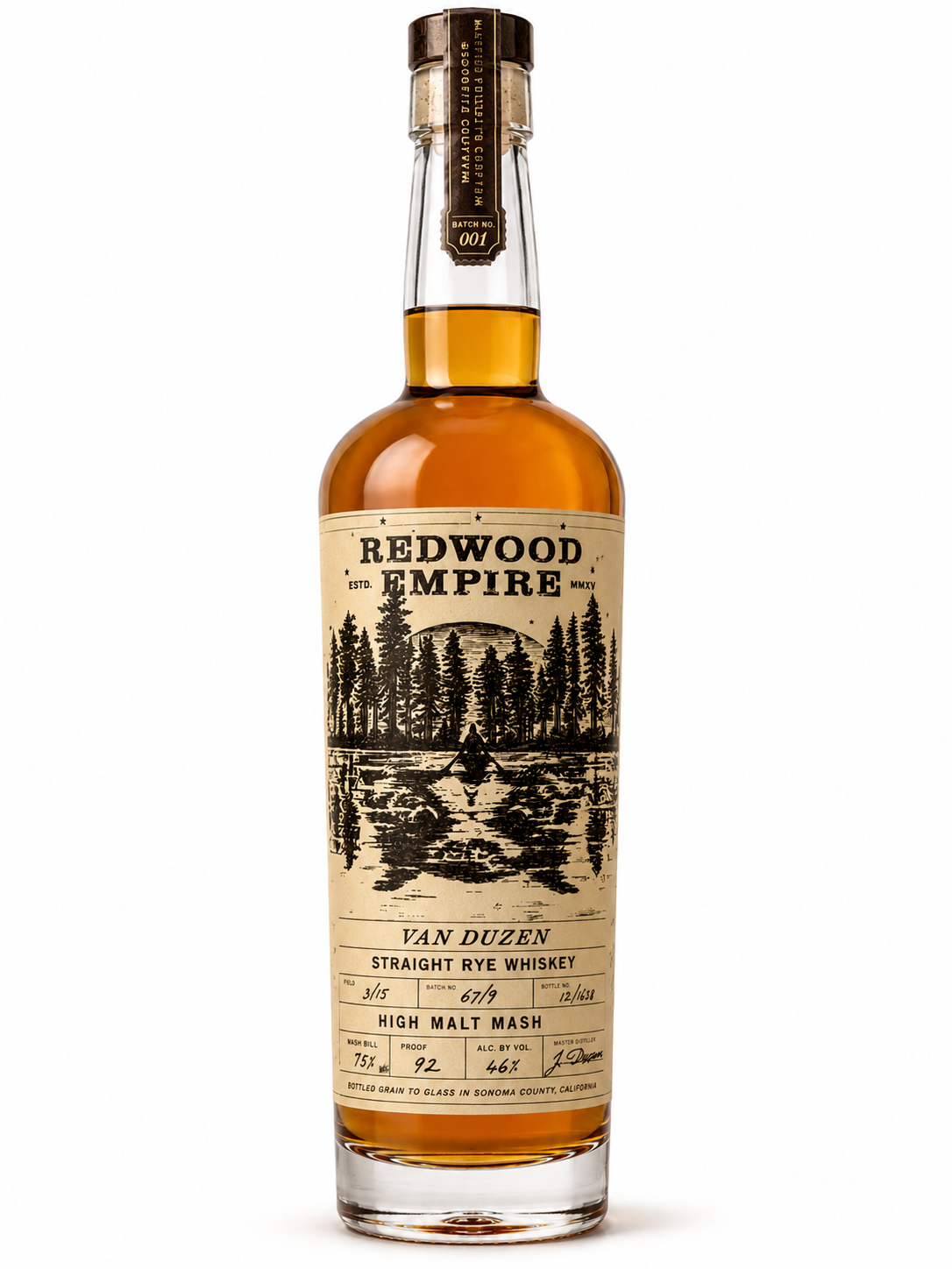Redwood Empire Van Duzen Straight Rye Whiskey High Malt Mash 92 Proof 750mL Sonoma County California