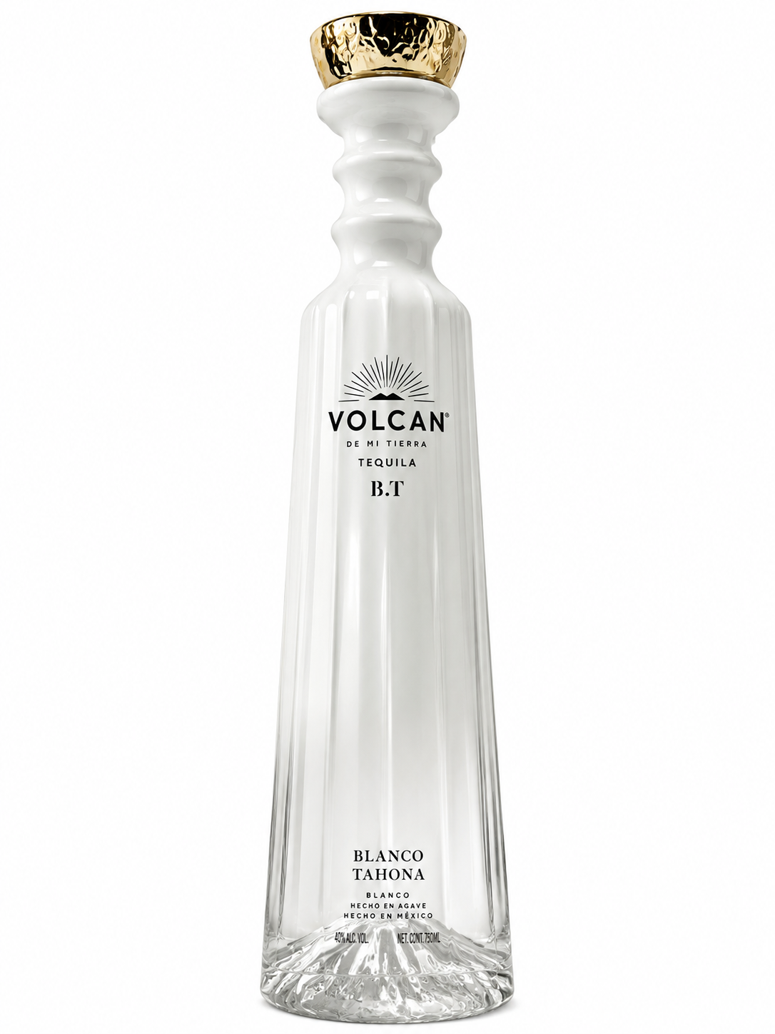 Volcán De Mi Tierra B.T Blanco Tahona Tequila 750mL white ceramic decanter with hammered gold cap