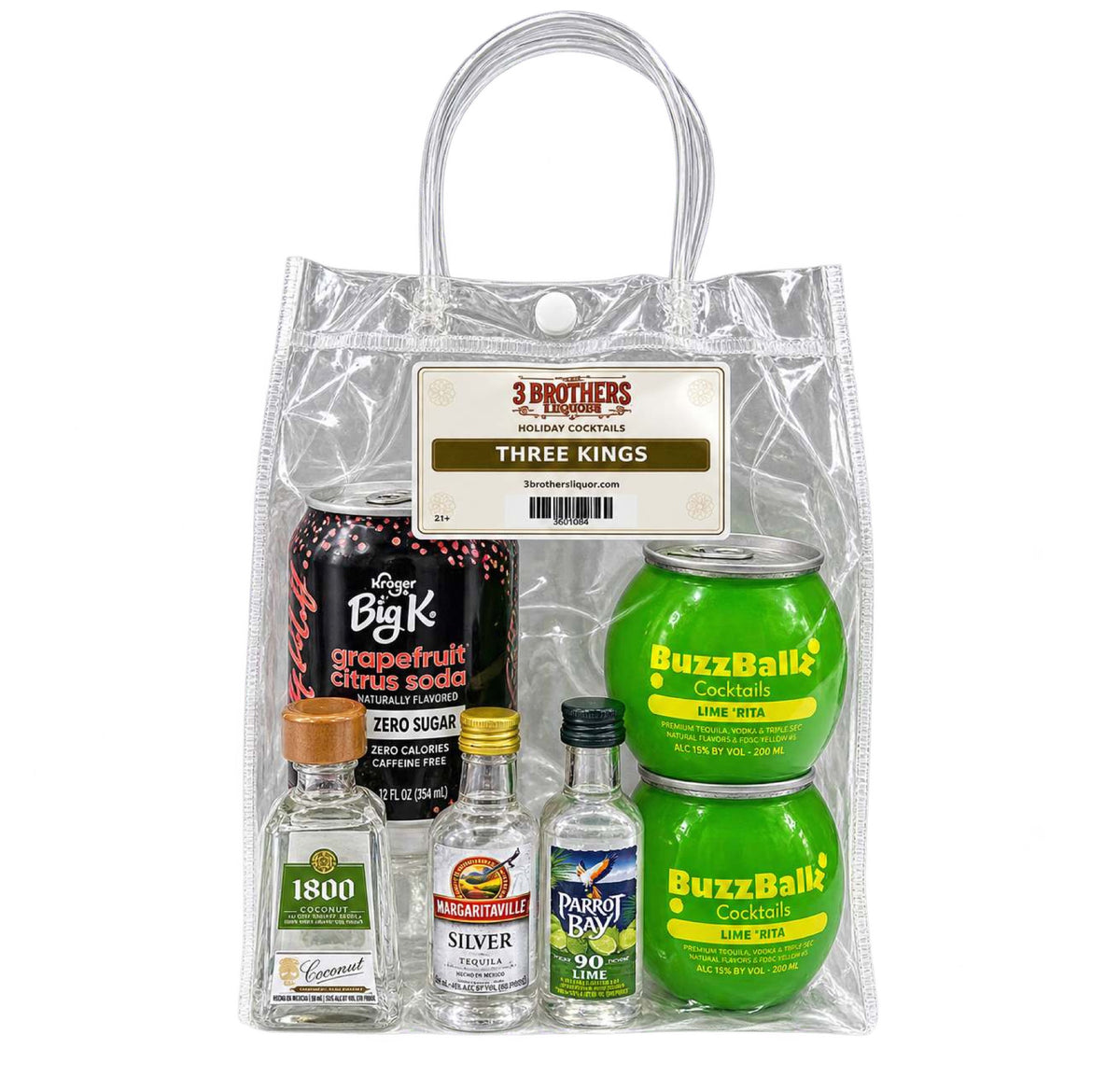 Three Kings cocktail bag with ingredients inside the bag