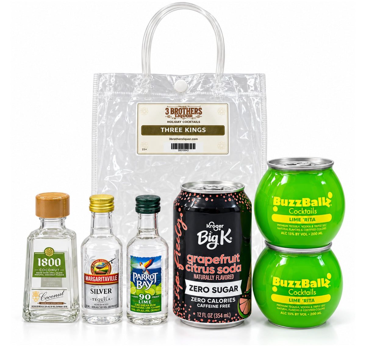 Three Kings cocktail bag with ingredients outside the bag
