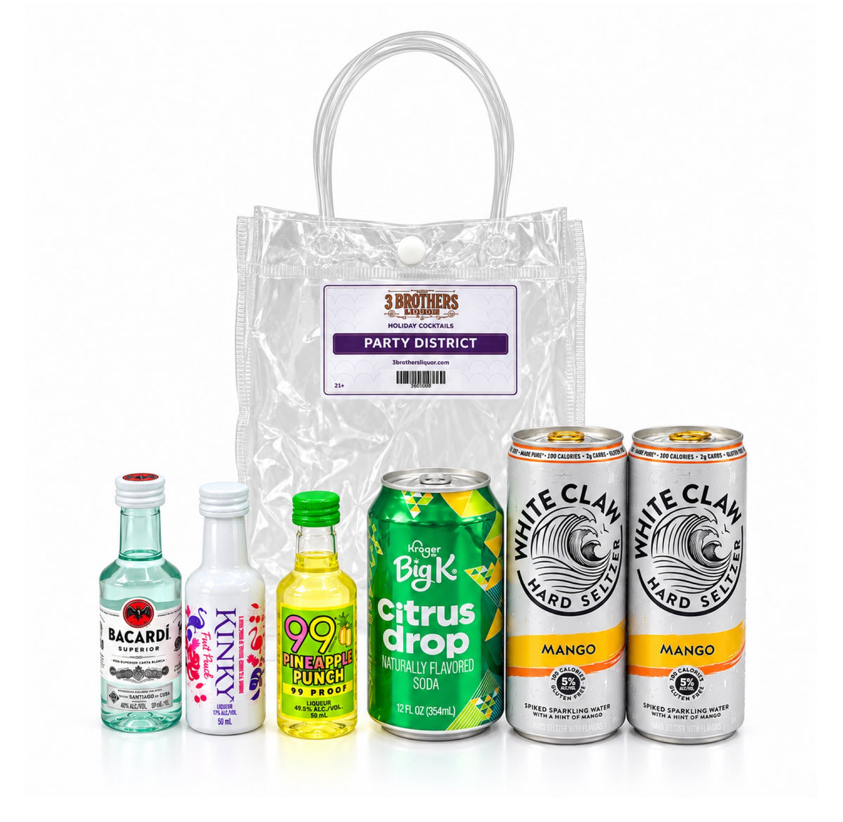 Party District cocktail bag with ingredients outside the bag