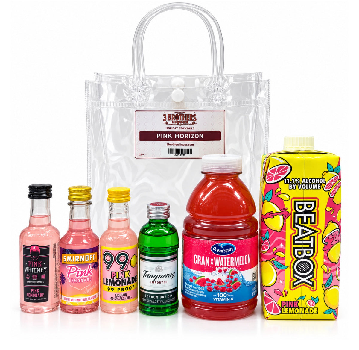 Pink Horizon cocktail bag with ingredients outside the bag