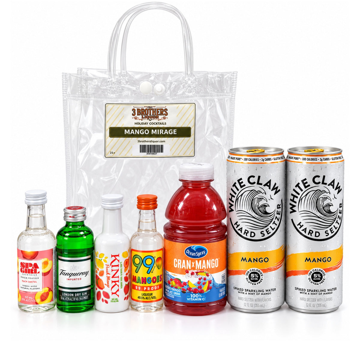 Mango Mirage cocktail bag with ingredients outside the bag