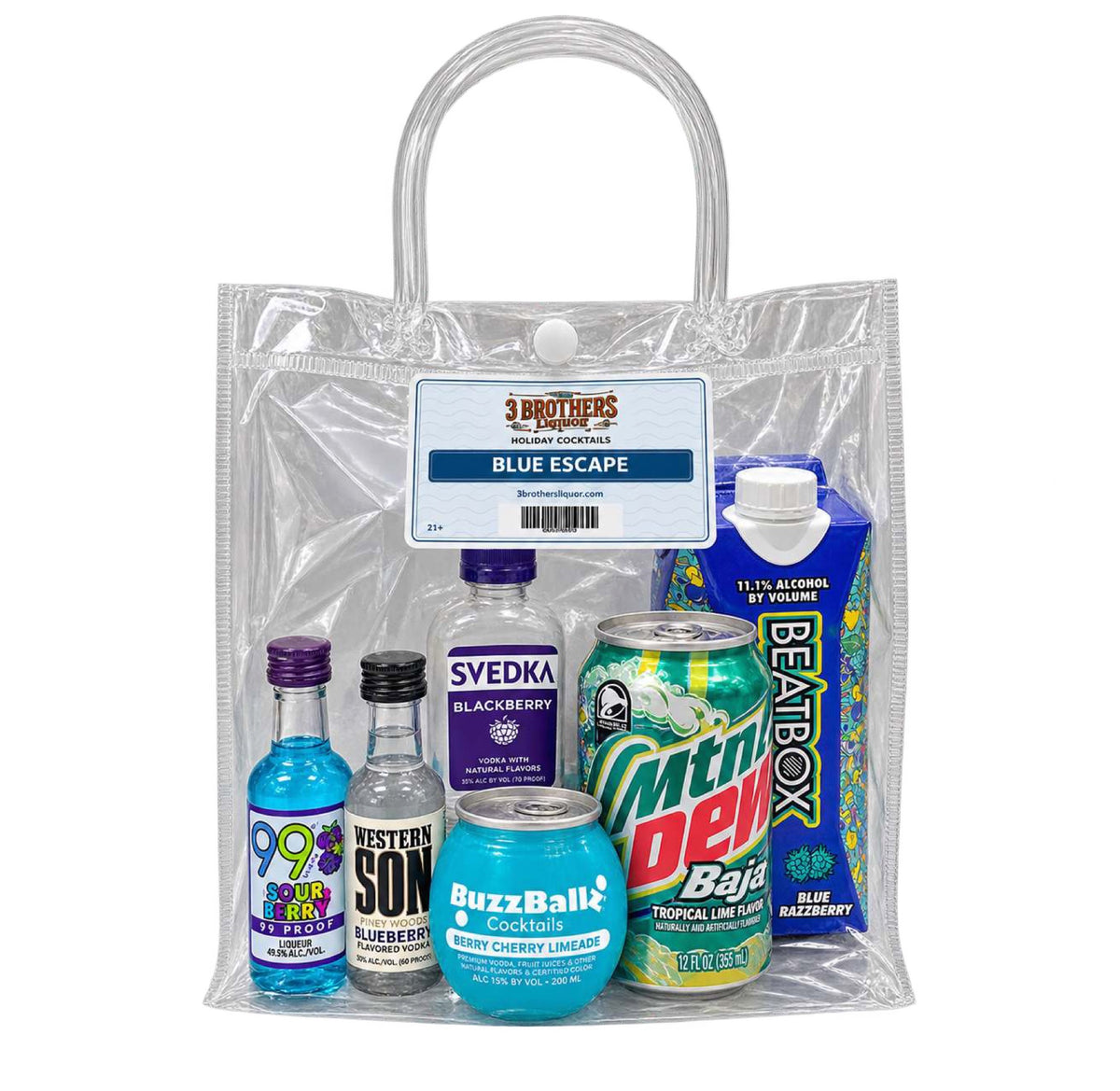 Blue Escape cocktail bag with ingredients inside the bag