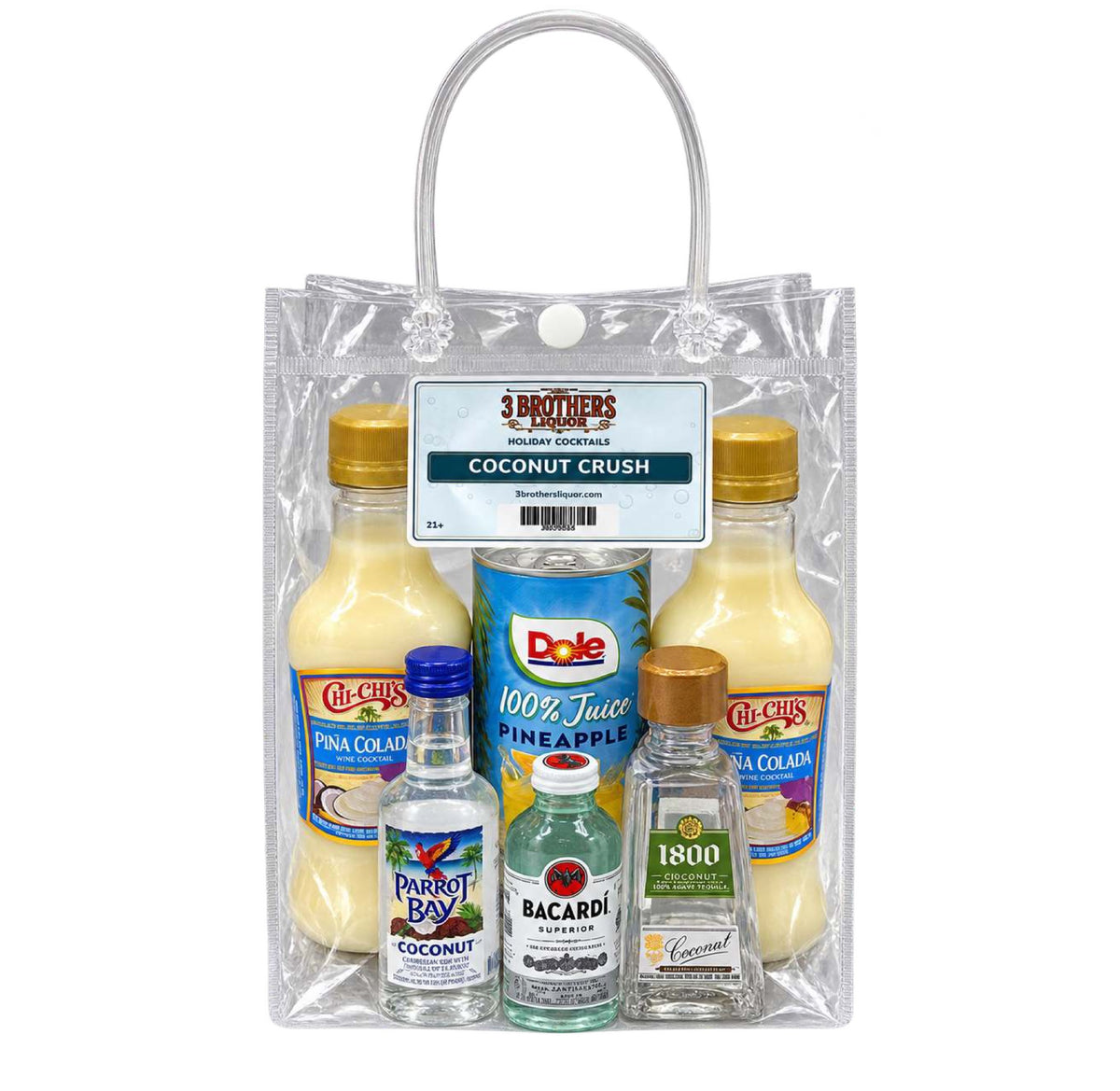 Coconut Crush cocktail bag with ingredients inside the bag