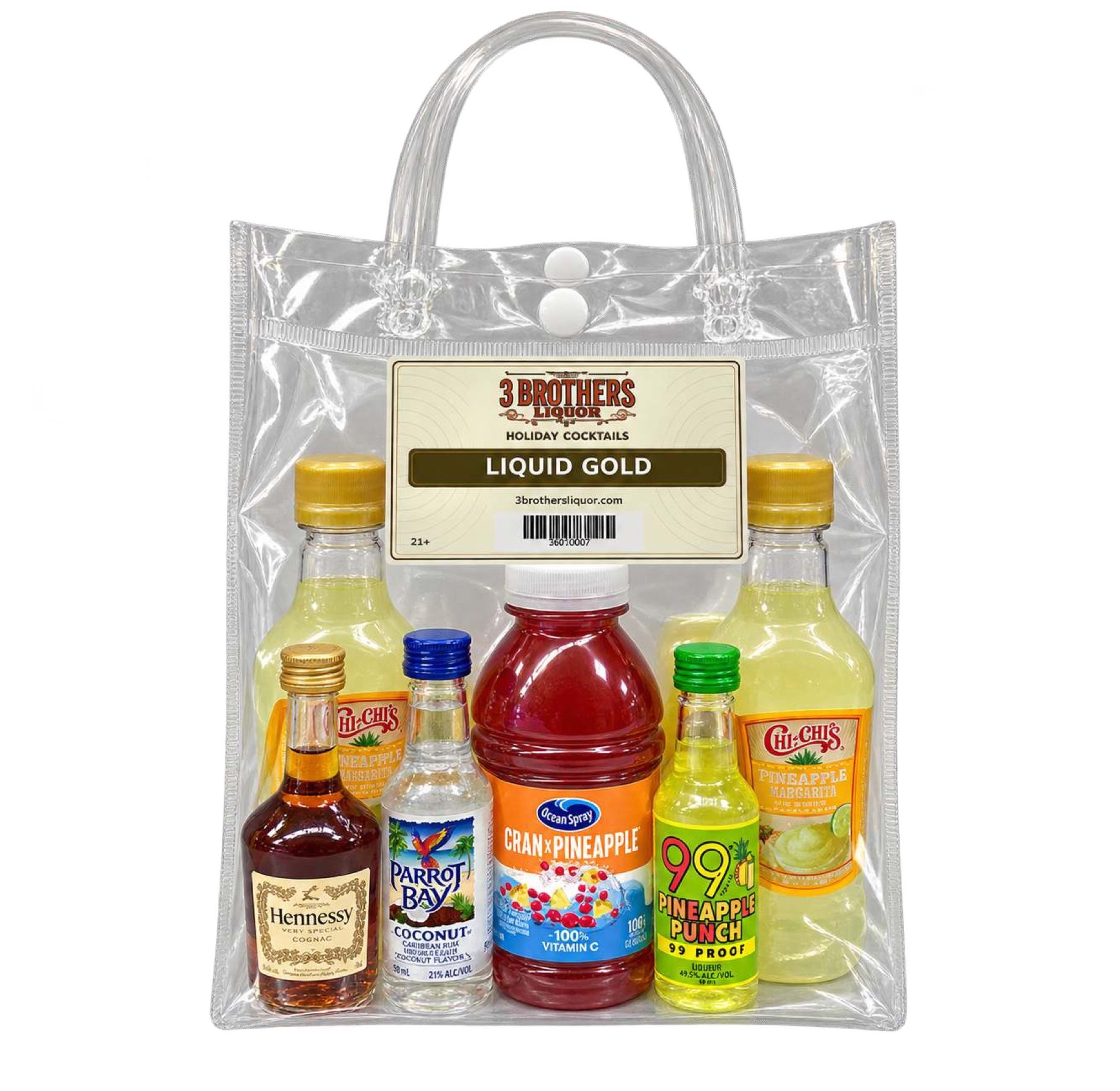 Liquid Gold cocktail bag with ingredients inside the bag