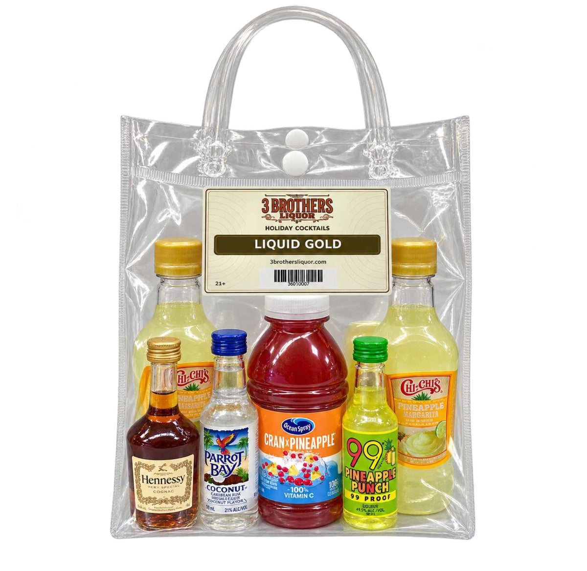 Liquid Gold cocktail bag with ingredients inside the bag
