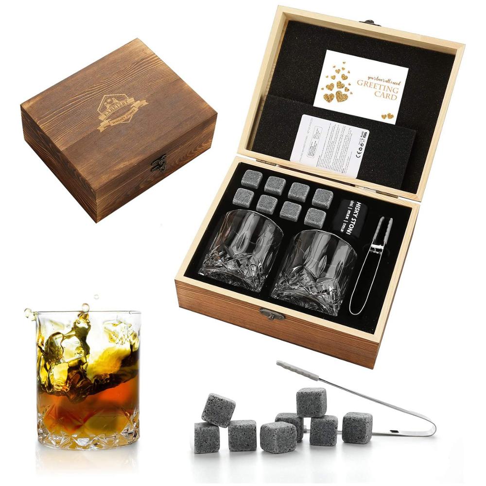 Set Regalo Decanter E Pietre Per Whisky Per Uomo | 680 Ml Con 2 Bicchieri Rocks, 8 Cubetti In Acciaio Inox, Sottobicchieri In Ardesia E Pinze